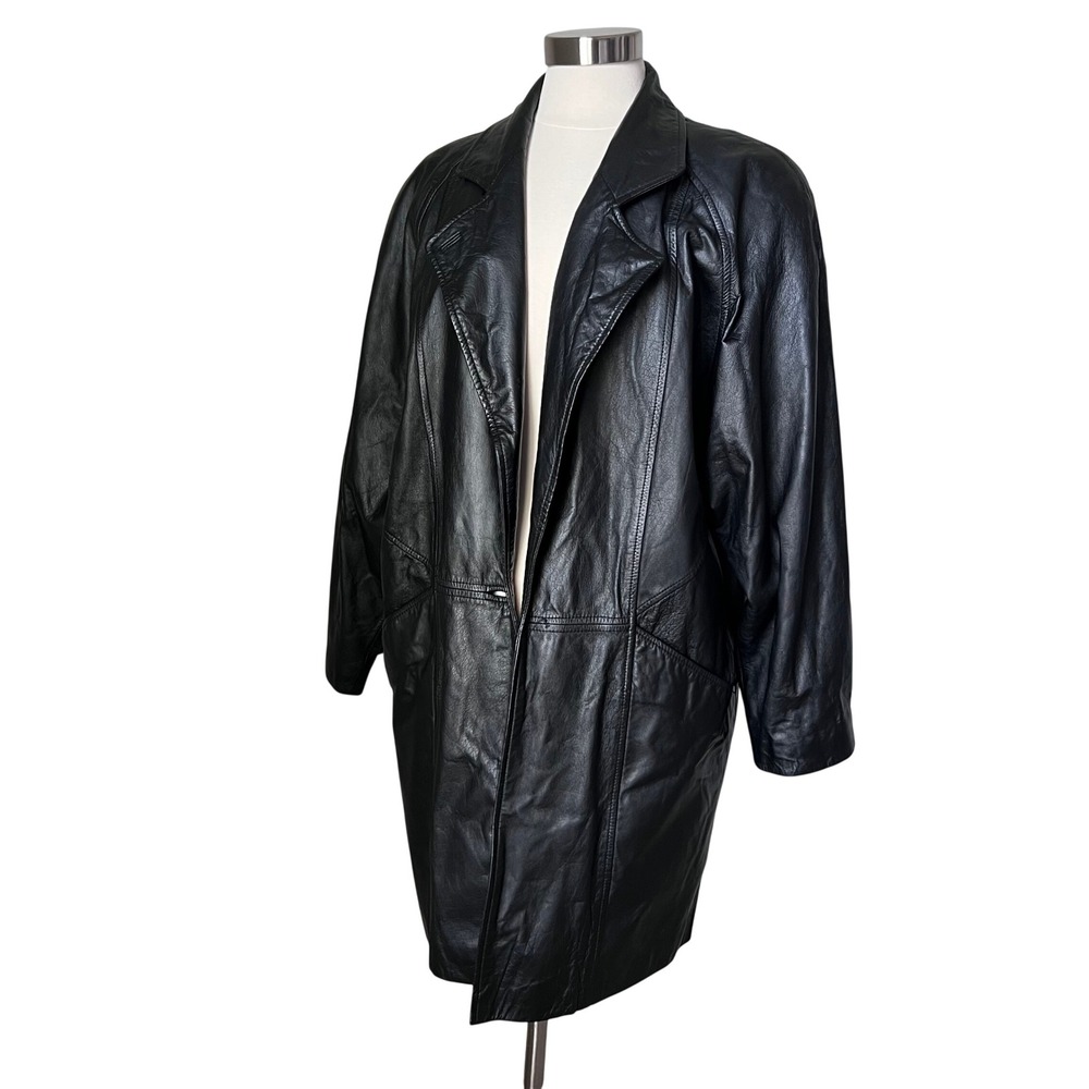 Vtg Bechamel Black Genuine Leather Maxi Trench Coat FLAW Missing Button